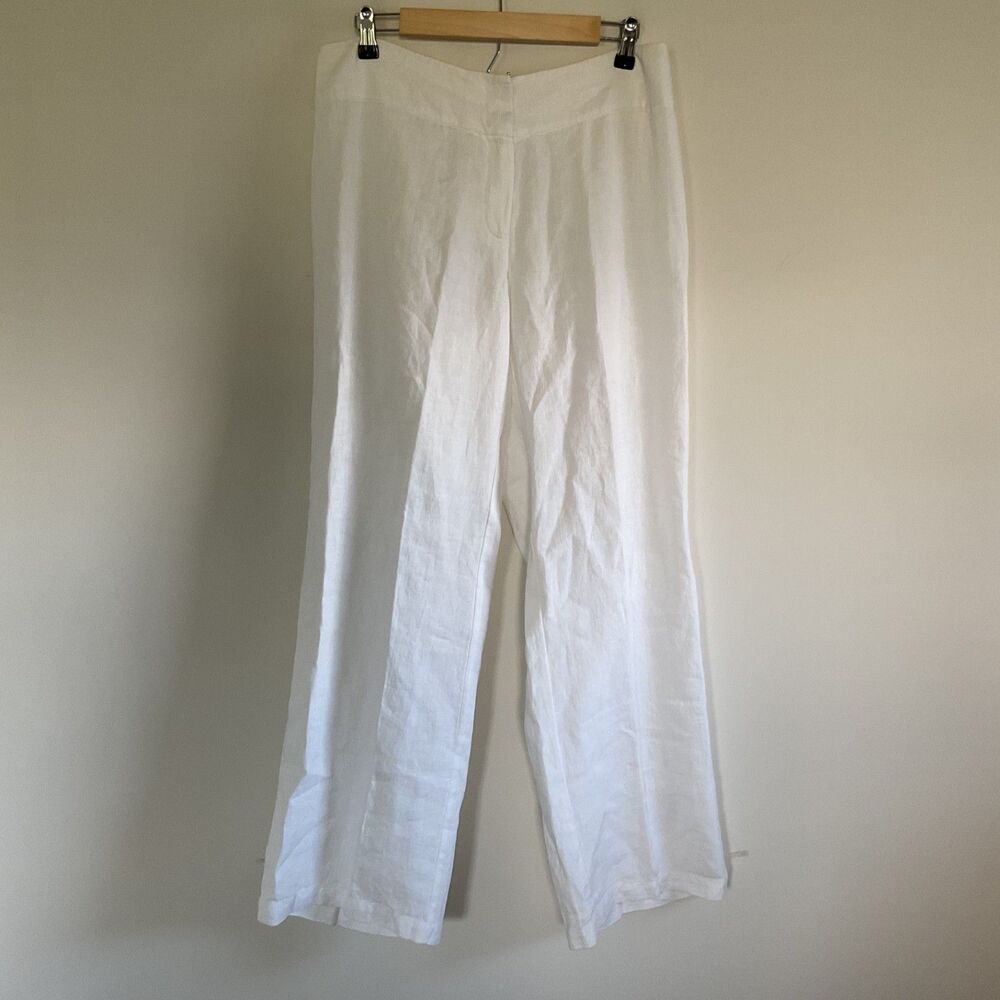 Eileen Fisher 100% Linen Wide Leg Pants L White Coastal Resort Minimalist Preppy